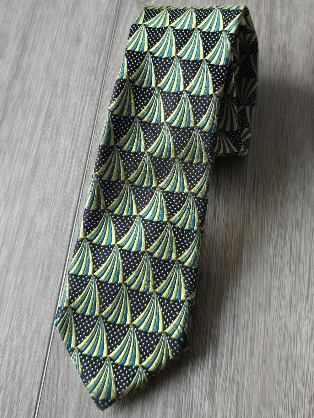 Ted Baker Silk Tie Art Deco Fan Print Green Teal Black Menswear Necktie